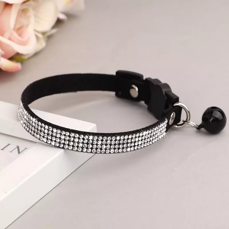 Rhinestone Soft Suede Adjustable Collar with Bell - Image 7