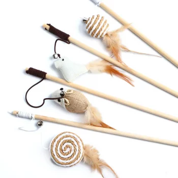 Wooden Feather Dangling Teaser Bell Cat Stick Wand Toy