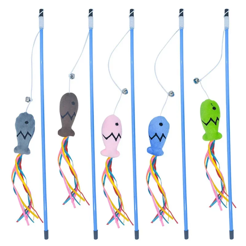 Fish Ribbon Tassel Bell Cat Stick Wand Toy (2 Pack)