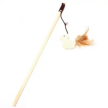 Wooden Mouse Feather Dangling Teaser Bell Cat Stick Wand Toy (2 Pack)